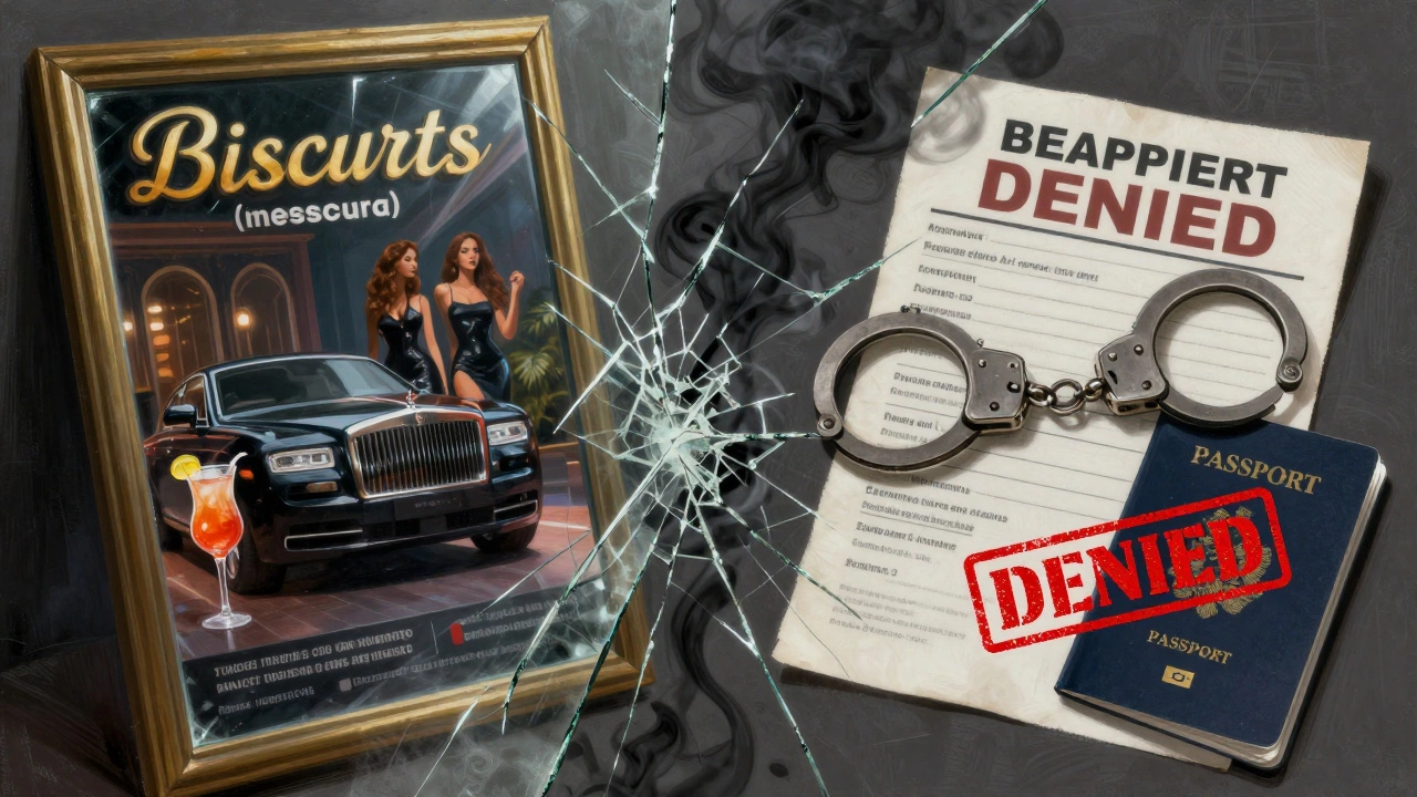 A fractured mirror showing glamorous escort ads on one side and legal consequences on the other.