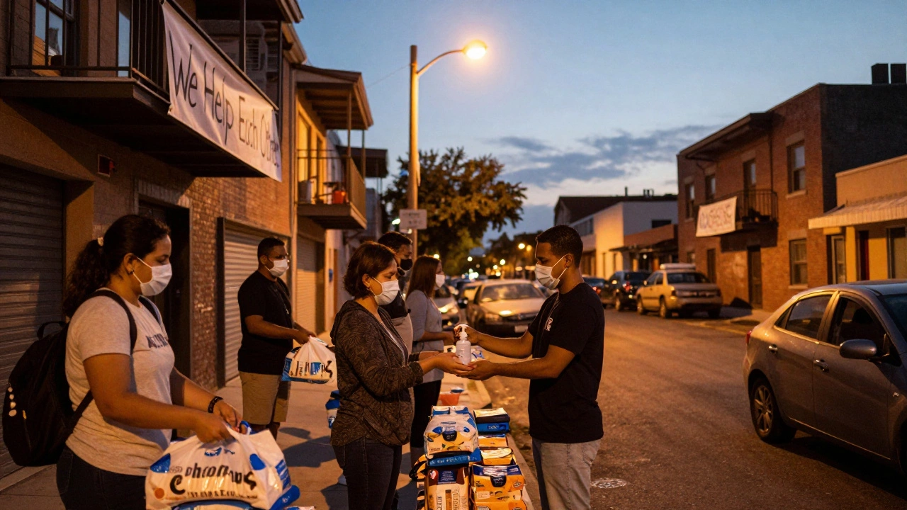 Community members distributing food and supplies door-to-door, signs of solidarity in an urban neighborhood at dusk.