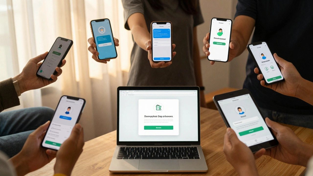 Diverse hands holding devices showing encrypted chats, camming screens, and payment alerts, representing mutual aid and digital adaptation.